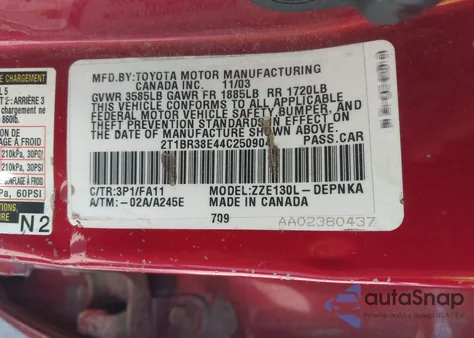 2004 Toyota Corolla Le from USA, damaged, VIN 2T1BR38E44C250904